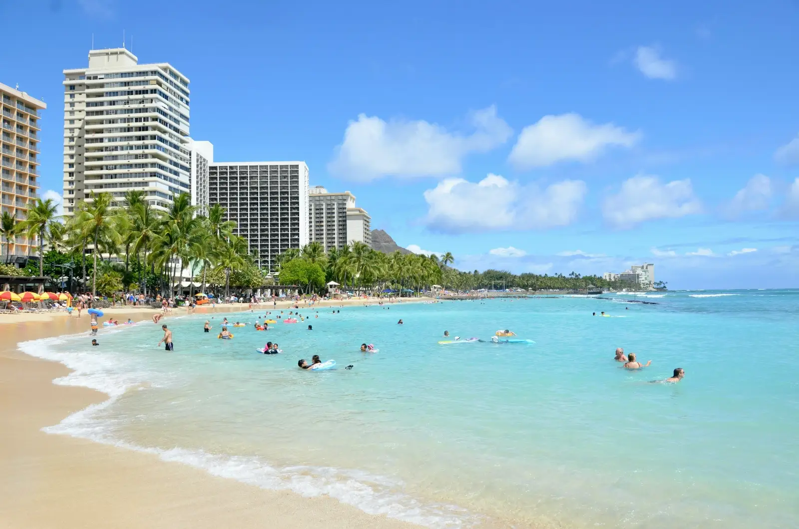 The Hale Koa Hotel beachfront with Waikiki skyline in the background